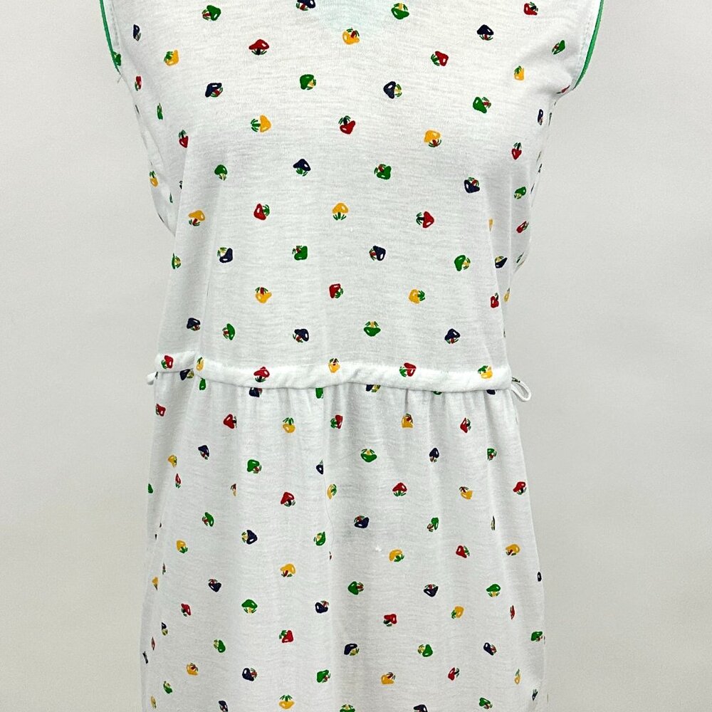 Vintage 1970s Knit Polka Dot Mushroom Dress | Green Collar | Skiva | Size Medium
